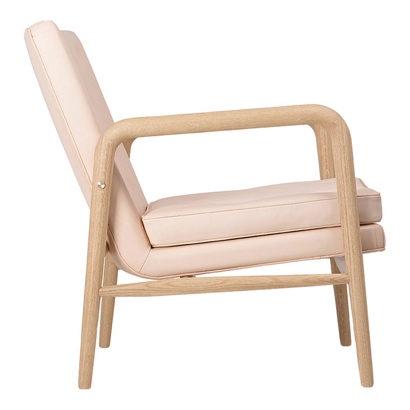 Light pink upholstered chair with a natural wood frame, offering minimalist design and soft color contrast.