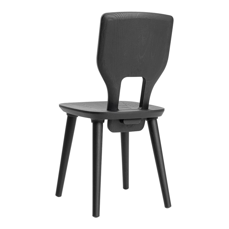 Modern black chair with a sleek, smooth finish and minimalistic design, perfect for contemporary interiors.