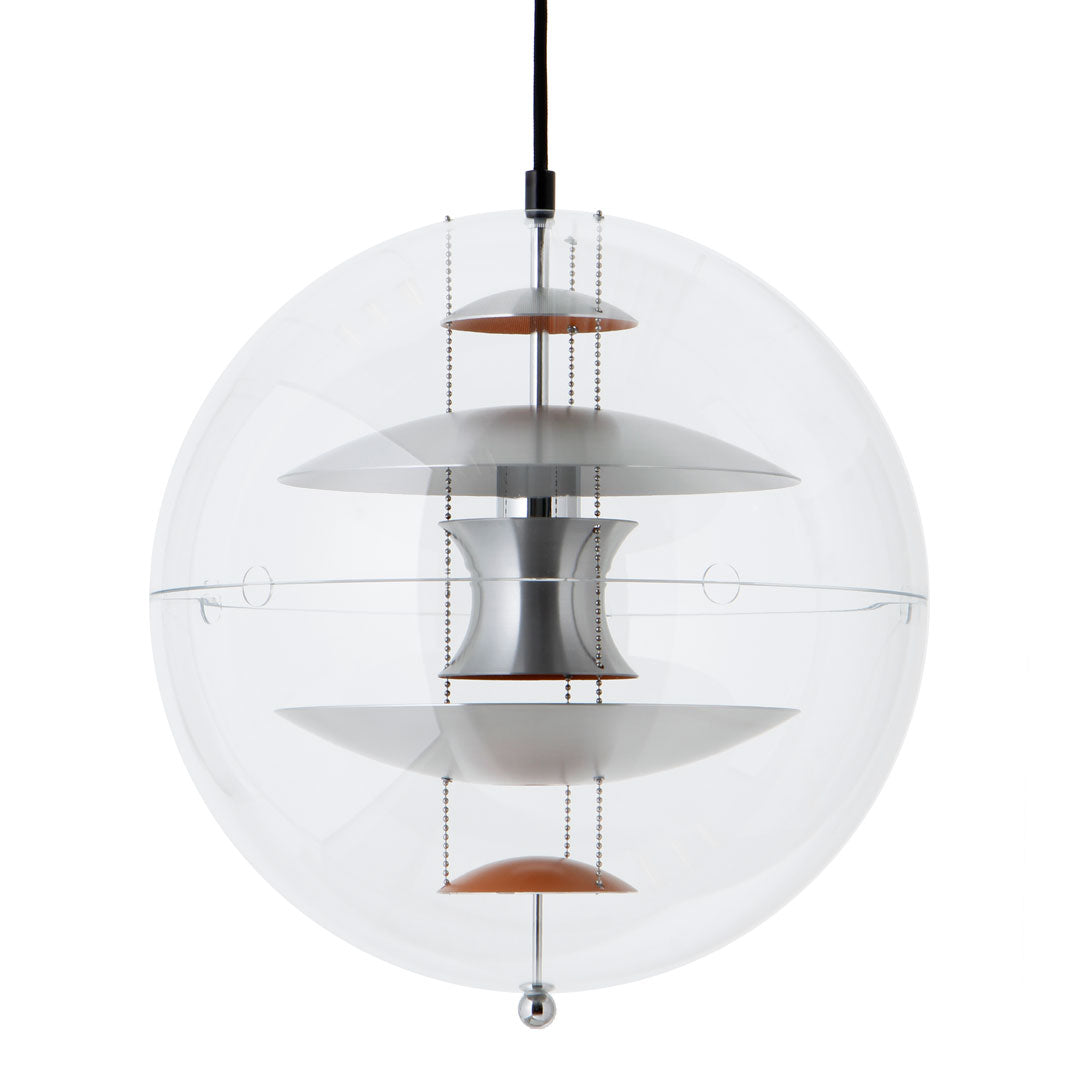 Transparent globe pendant light featuring white and metallic silver elements with warm wood accents. Modern design.