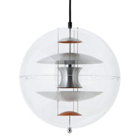 Transparent globe pendant light featuring white and metallic silver elements with warm wood accents. Modern design.