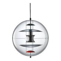 Transparent glass pendant light featuring layered metallic accents in silver, blue, and red. Modern, minimalistic design.
