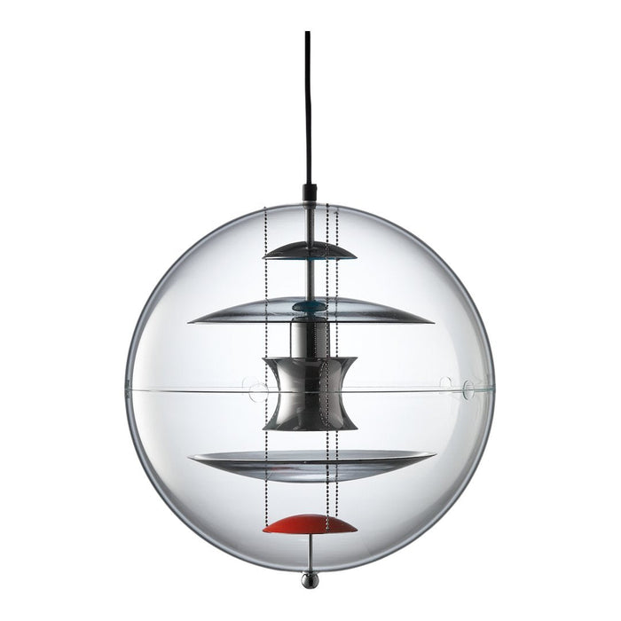 Transparent glass pendant light featuring layered metallic accents in silver, blue, and red. Modern, minimalistic design.