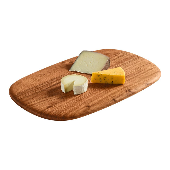 Wooden cheese board with a rich brown finish featuring assorted cheese varieties in cream, yellow, and gray tones.