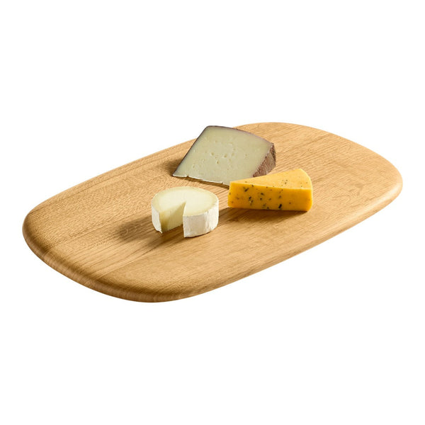Wooden cheese board showcasing cream, yellow, and brown cheeses against a natural wood grain background.