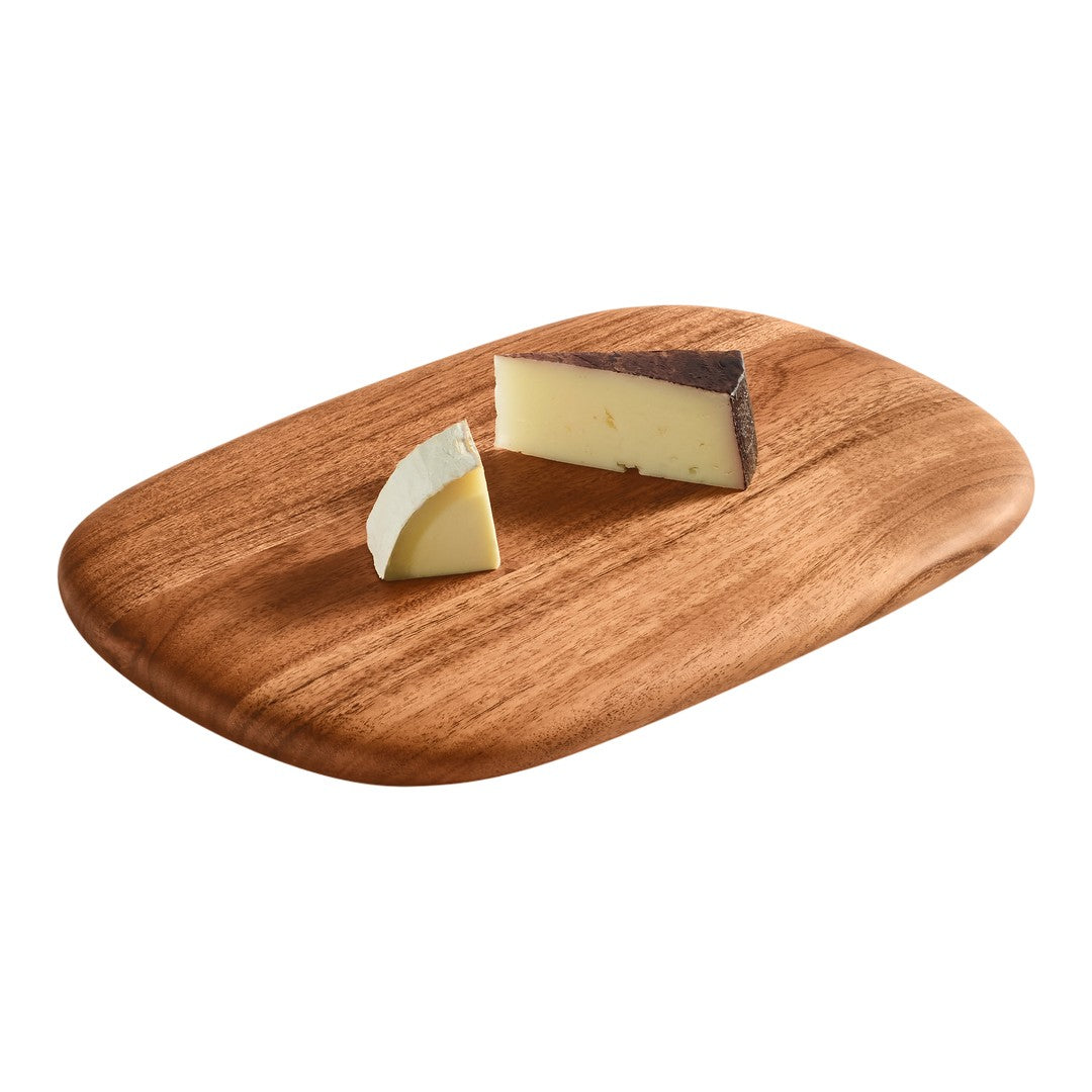 Wooden cheese board with two cheese wedges, featuring creamy yellow and dark brown hues. Smooth textures and natural grain.