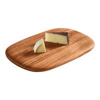 Wooden cheese board with two cheese wedges, featuring creamy yellow and dark brown hues. Smooth textures and natural grain.