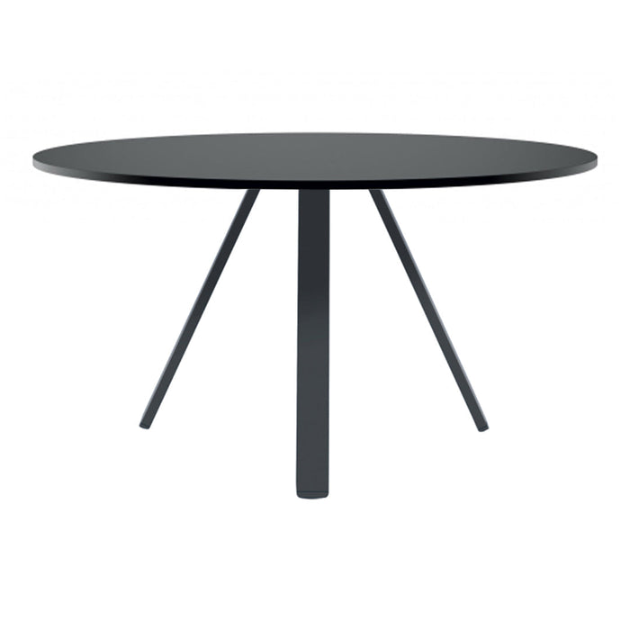 Modern round black table with a sleek matte finish and three angular legs. Perfect for contemporary spaces.