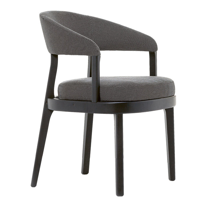 Stylish gray upholstered chair with a textured pattern and sleek black wooden legs. Perfect for modern decor.