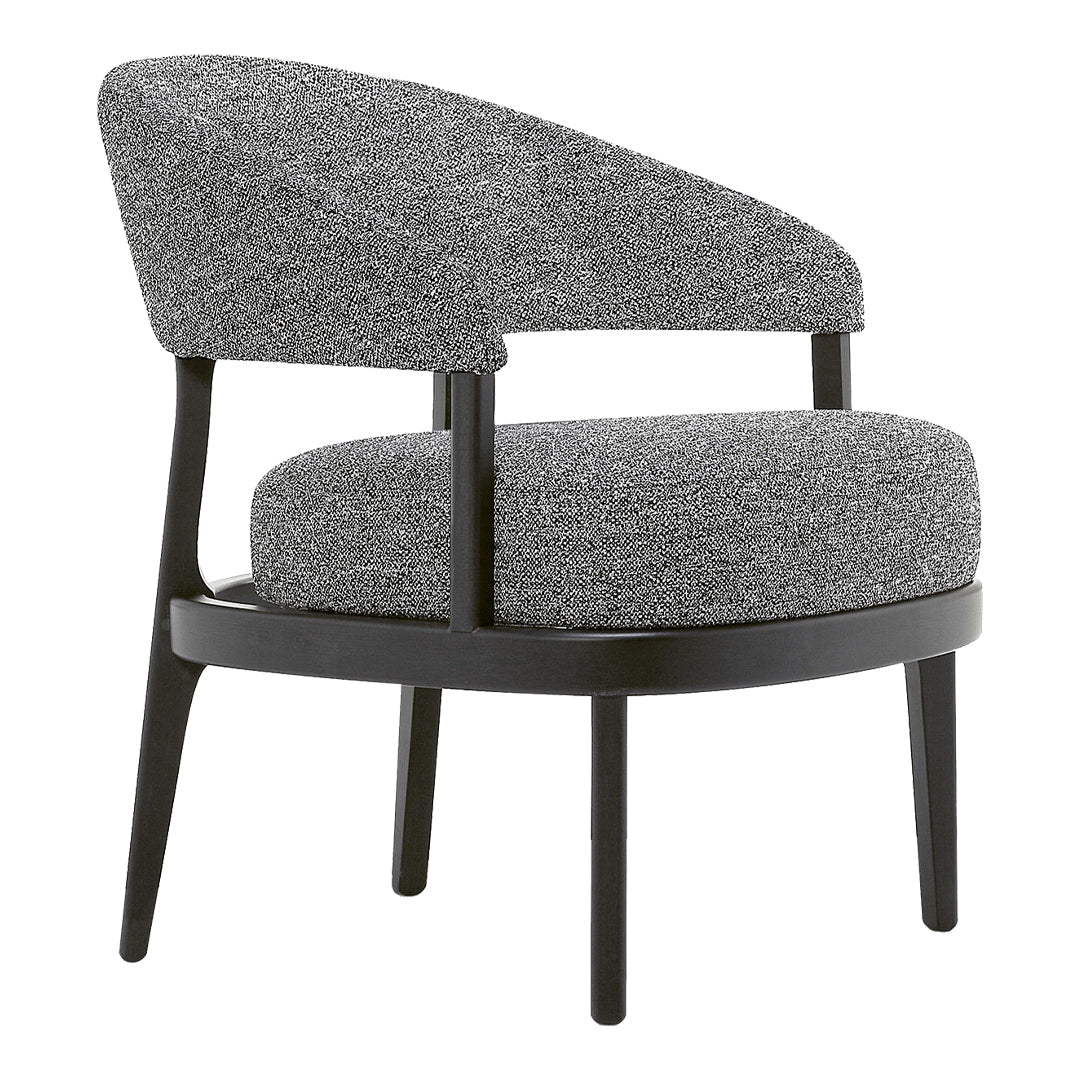 Gray textured chair with a curved back and black wooden legs, featuring a modern, minimalist design.