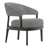 Gray textured chair with a curved back and black wooden legs, featuring a modern, minimalist design.