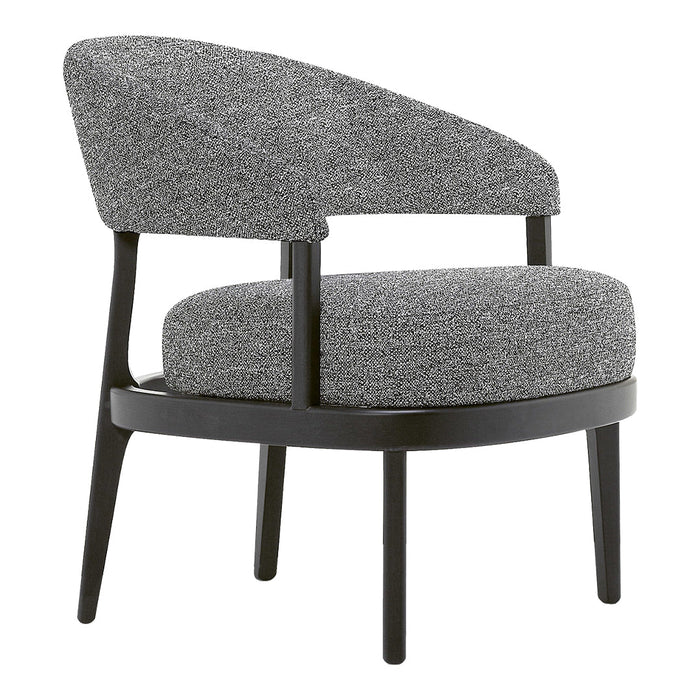 Gray textured chair with a curved back and black wooden legs, featuring a modern, minimalist design.