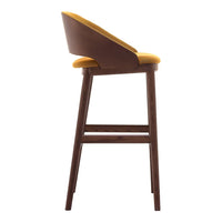 Yellow upholstered seat with a sleek dark wood frame, featuring a minimalist design and a smooth finish.