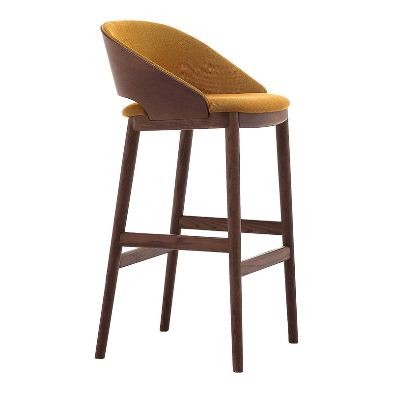 Yellow upholstered bar stool with a simple, modern design and dark wood legs. Smooth, curved backrest pattern.