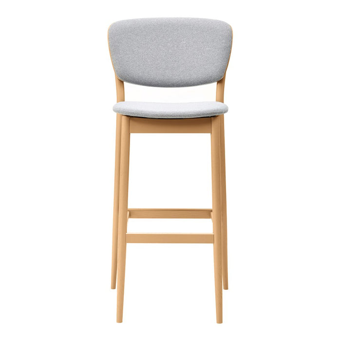 Light gray upholstered bar stool with a smooth wooden frame, featuring a minimalist design and clean lines.