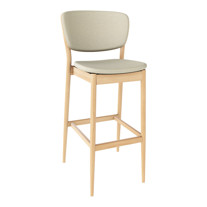 Light beige upholstered bar stool with a natural wood frame, offering a minimalist and elegant design.