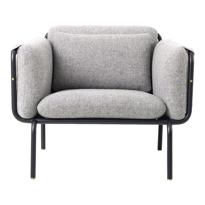 Gray upholstered chair with soft cushions and sleek black metal frame, featuring minimalistic design and contemporary style.