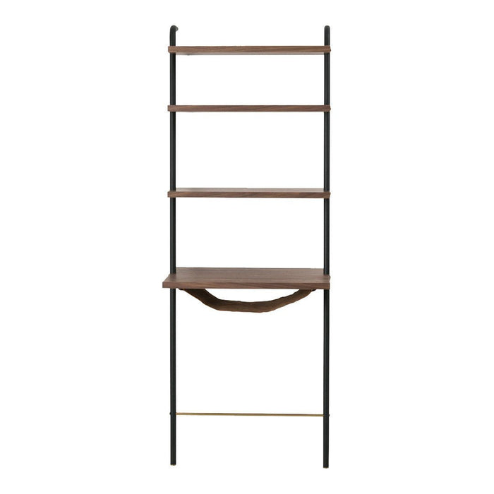 Brown wood shelves with black metal frame and gold accents, featuring a minimalist ladder-style design.
