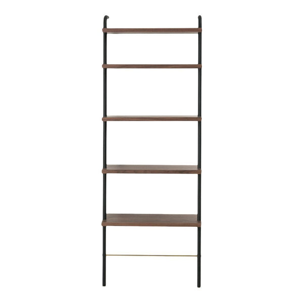 Tall, sleek bookshelf with dark wood shelves and a black metal frame, accentuated by subtle gold detailing.