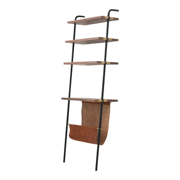 Tall, modern ladder shelf with natural wood tones and black metal accents, featuring a brown leather storage pouch.