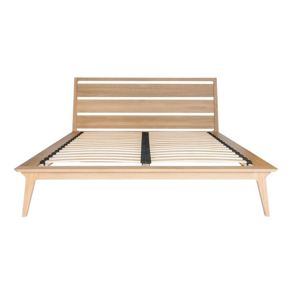 Light oak wood bed frame with a slatted headboard and minimalist design, featuring natural wood grain patterns.