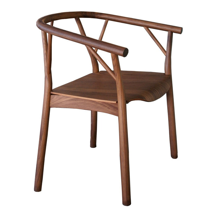 "Stylish wooden chair in rich walnut brown with curved armrests and a smooth, minimalist design."