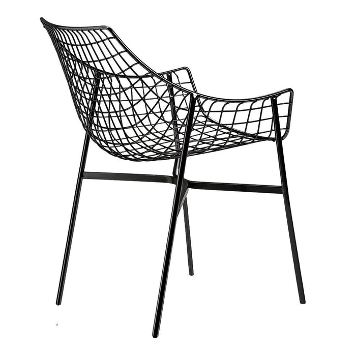 Black wire chair with a geometric net-like pattern and sleek minimalist design. Perfect for modern decor.