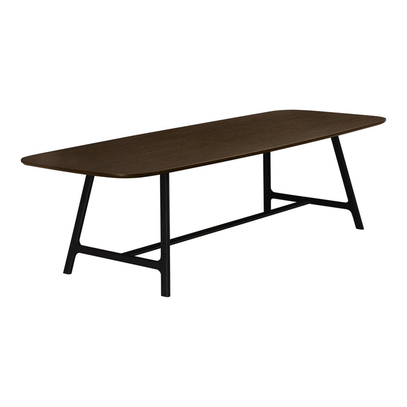 Brown rectangular tabletop with a smooth finish, supported by a sleek black metal frame, modern design.