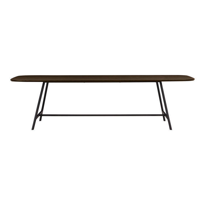Sleek black metal legs support a rich brown wooden tabletop, offering a modern, minimalist design.