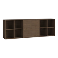 Wooden storage shelf in dark brown finish with a clean, modern design and geometric open compartments.