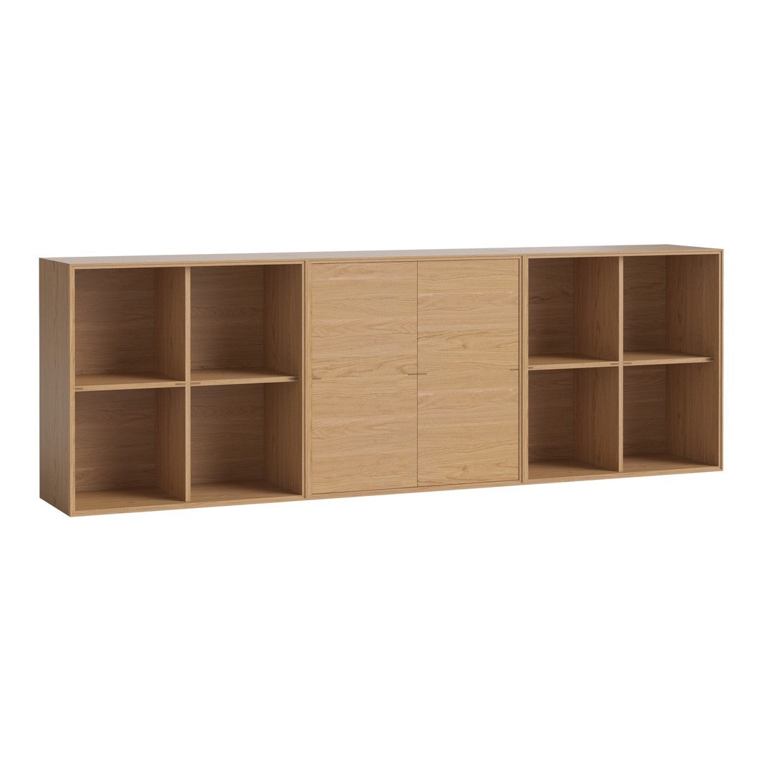 Light oak wood bookshelf with six open cubbies and smooth, sleek doors. Minimalistic design in natural wood tones.