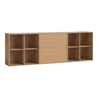 Light oak wood bookshelf with six open cubbies and smooth, sleek doors. Minimalistic design in natural wood tones.