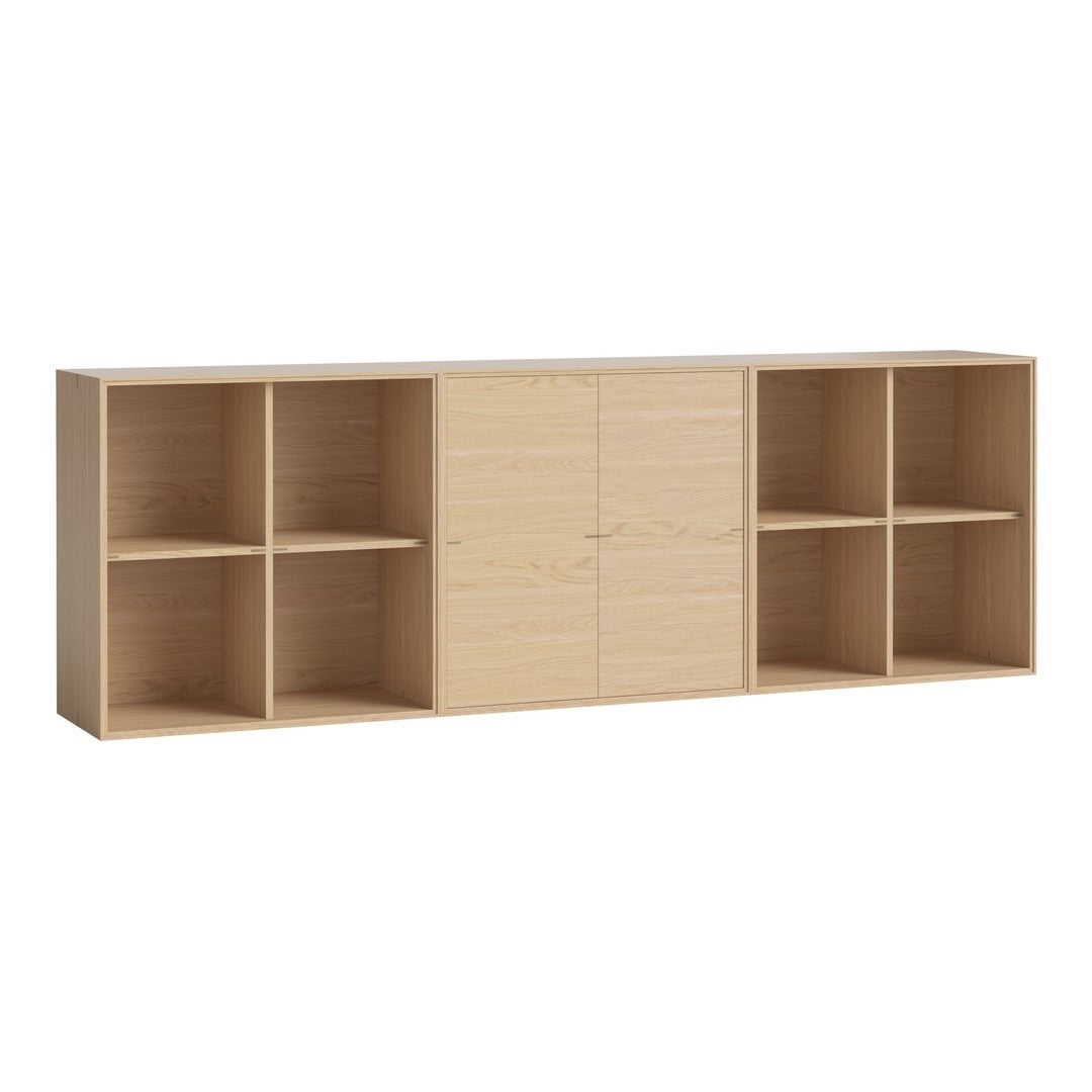 Light natural wood grain sideboard with six cubical compartments and a smooth, minimalist design.