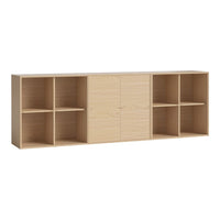 Light natural wood grain sideboard with six cubical compartments and a smooth, minimalist design.
