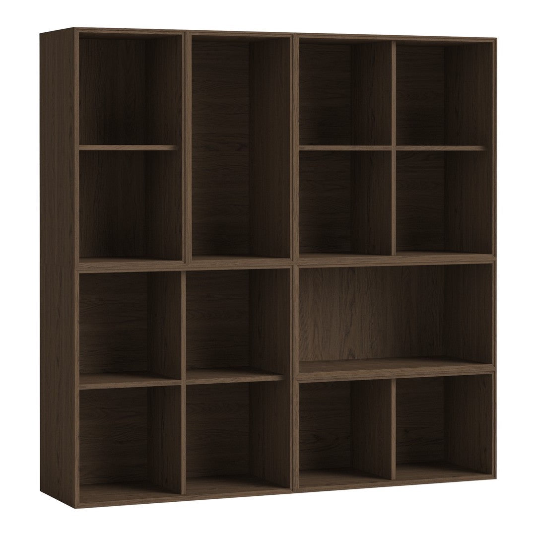 Brown wooden bookshelf with a modern design, featuring multiple square compartments and a smooth finish.