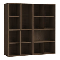 Brown wooden bookshelf with a modern design, featuring multiple square compartments and a smooth finish.