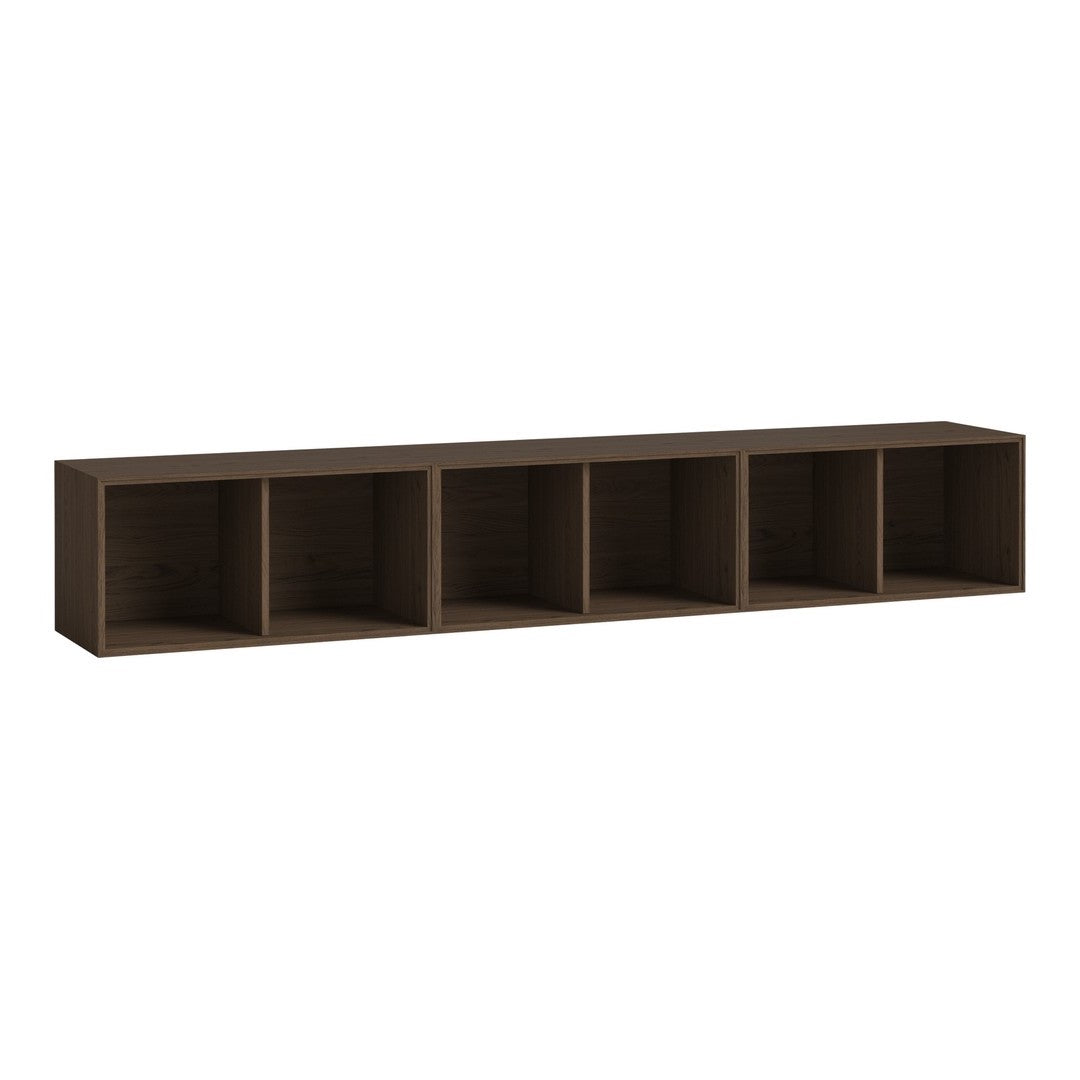 Brown wooden shelf with a minimalist design featuring five open cubbies. Perfect for organized storage.