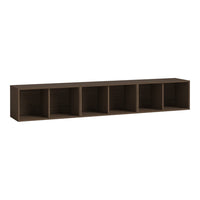 Brown wooden shelf with a minimalist design featuring five open cubbies. Perfect for organized storage.