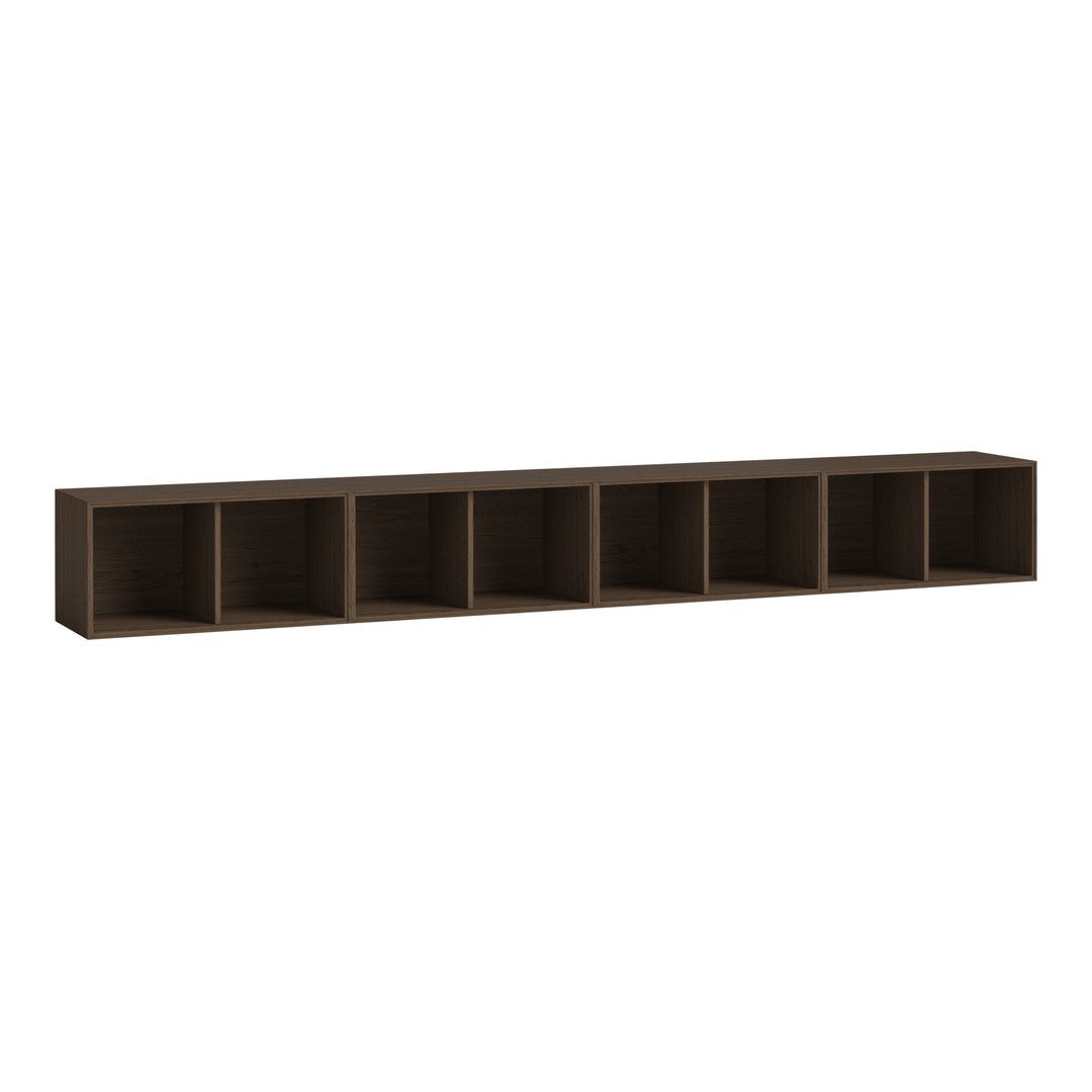 Dark brown wooden shelf with clean lines and six cubby compartments, perfect for modern decor.