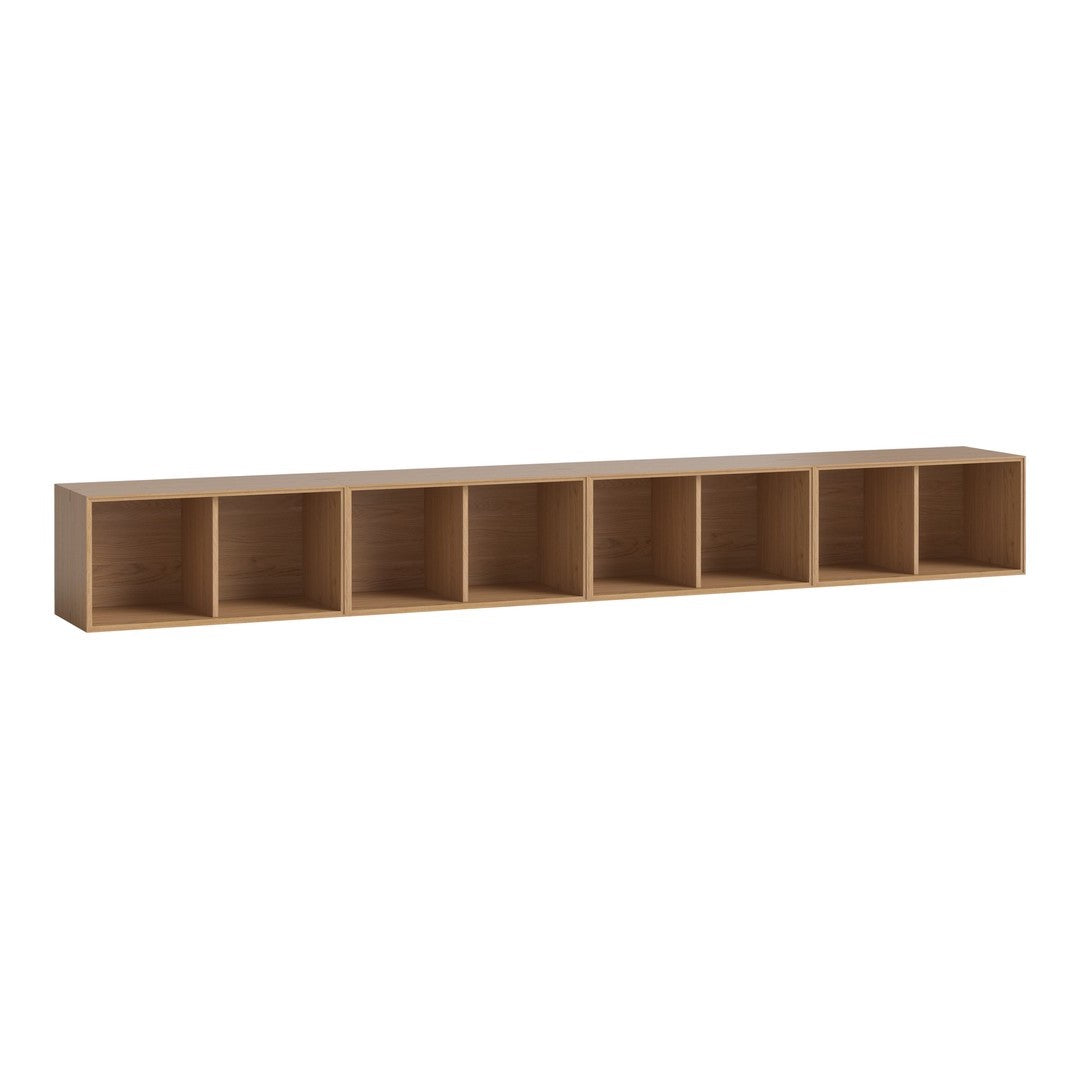 Light wood wall shelf with six rectangular compartments, showcasing a natural finish and clean, minimalist design.