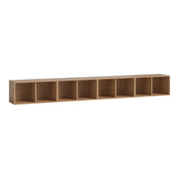 Light wood wall shelf with six rectangular compartments, showcasing a natural finish and clean, minimalist design.