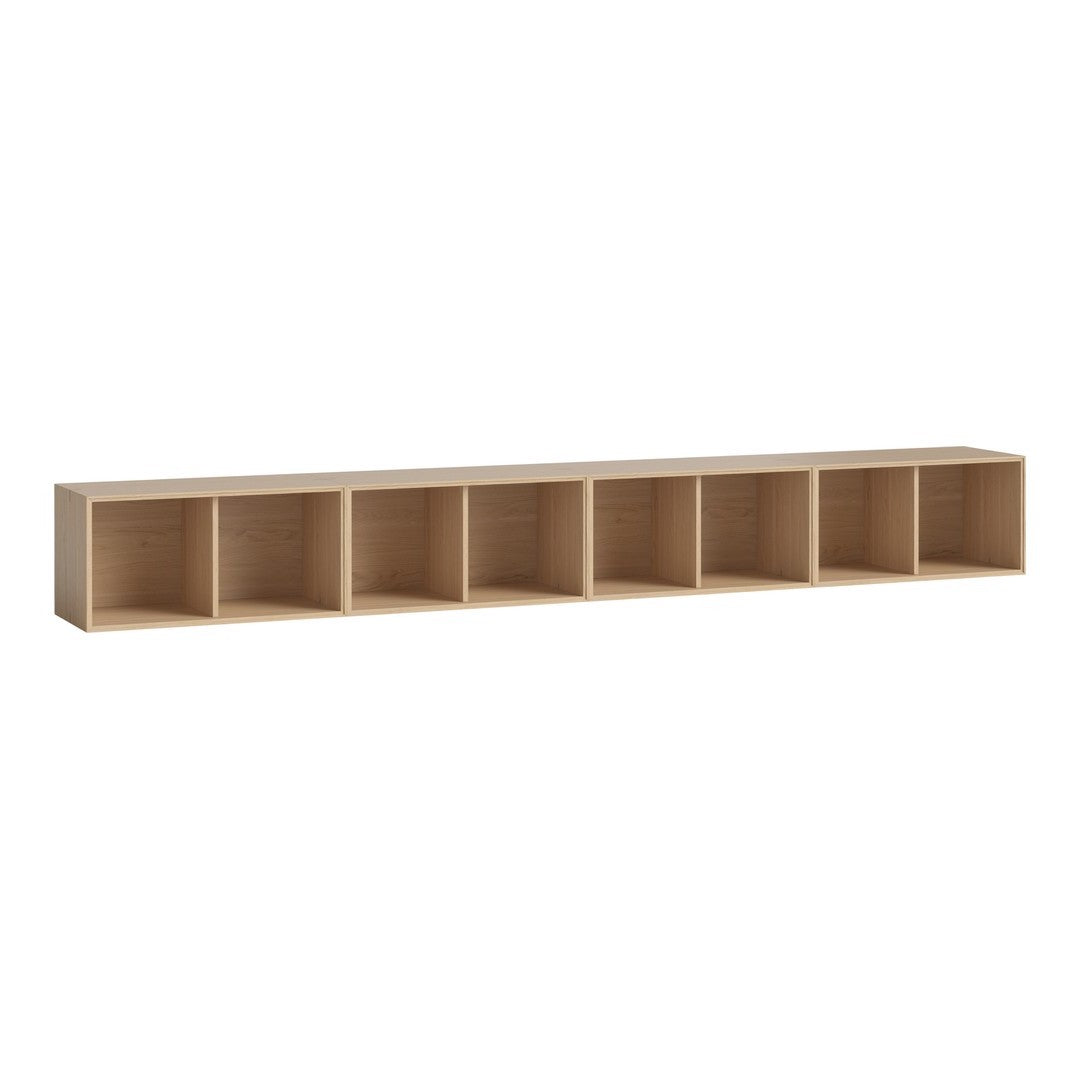 Light beige shelf with a smooth finish and six open cubbies; minimalist design suitable for any decor style.
