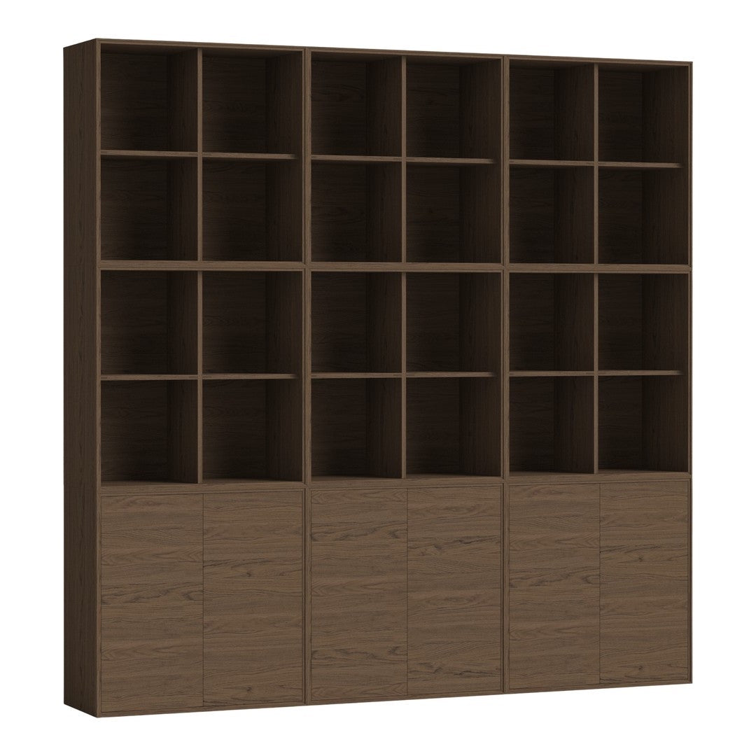 Dark brown wood bookshelf with a clean, modern design and smooth finish, featuring 16 open compartments and 4 closed cabinets.