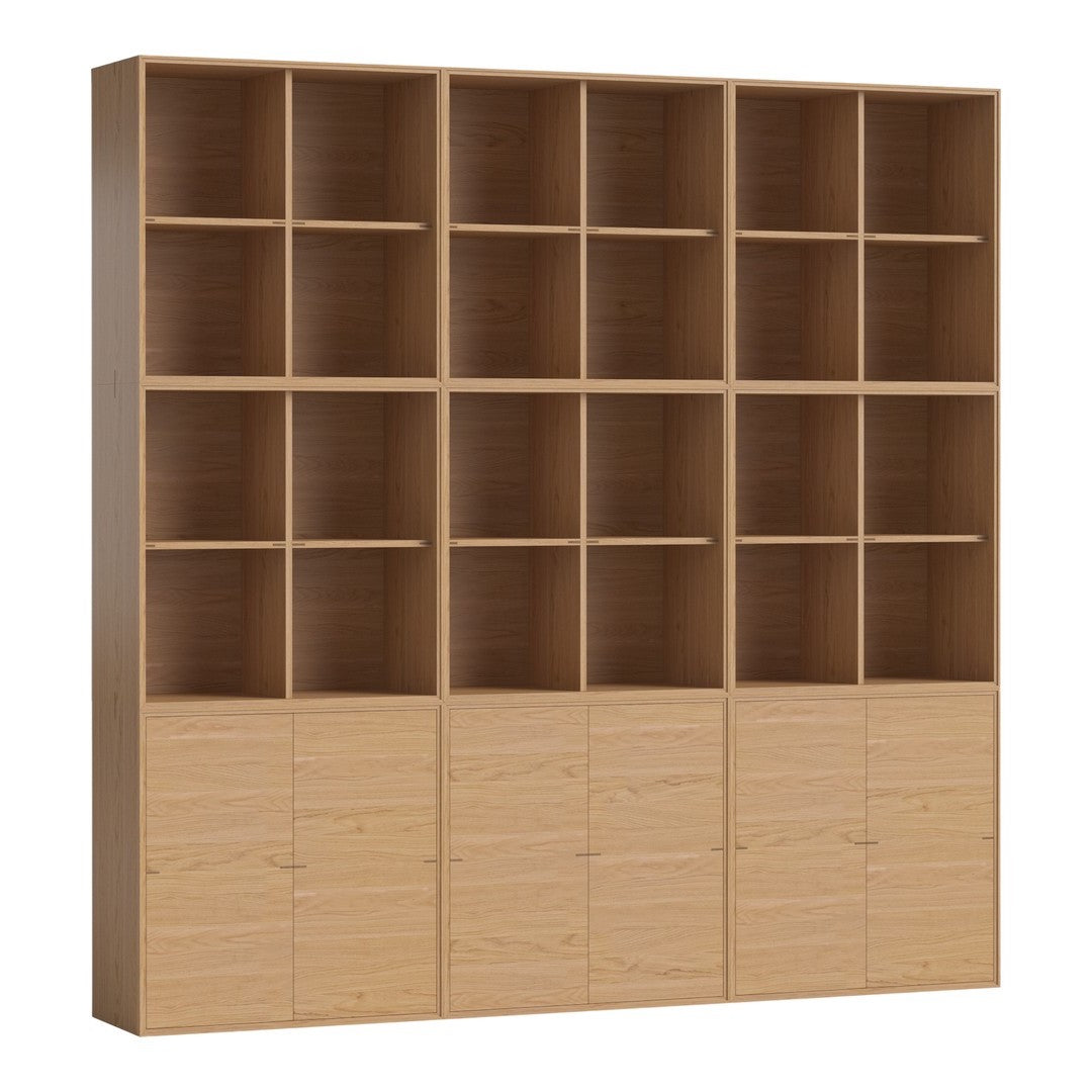 Light oak wood bookshelf with simple, clean lines and a natural finish featuring grid shelving and smooth cabinet doors.