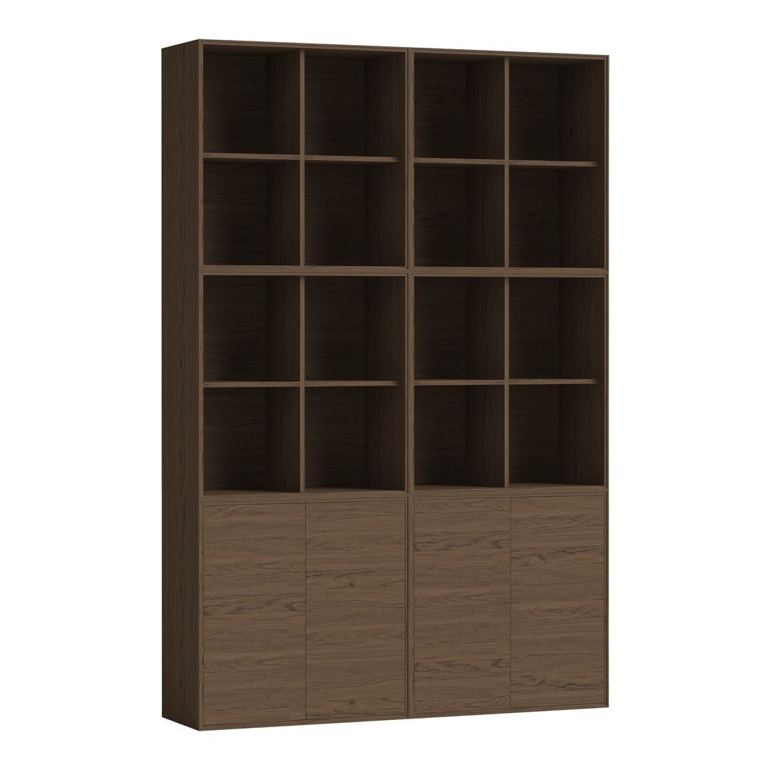 Brown wooden bookshelf with a modern design featuring a grid pattern and smooth cabinet doors.
