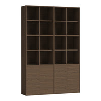 Brown wooden bookshelf with a modern design featuring a grid pattern and smooth cabinet doors.