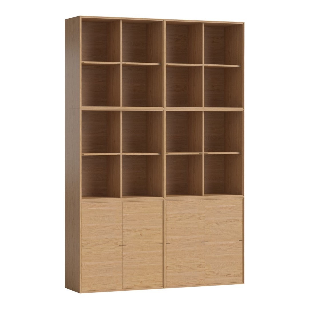 Light oak wood bookshelf with a grid pattern of open and closed cubbies, featuring a natural finish.