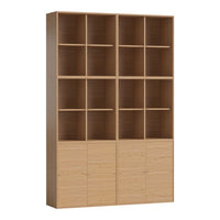Light oak wood bookshelf with a grid pattern of open and closed cubbies, featuring a natural finish.