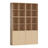 Light oak bookshelf with a grid pattern, featuring 12 open compartments and 4 closed cabinets at the bottom.