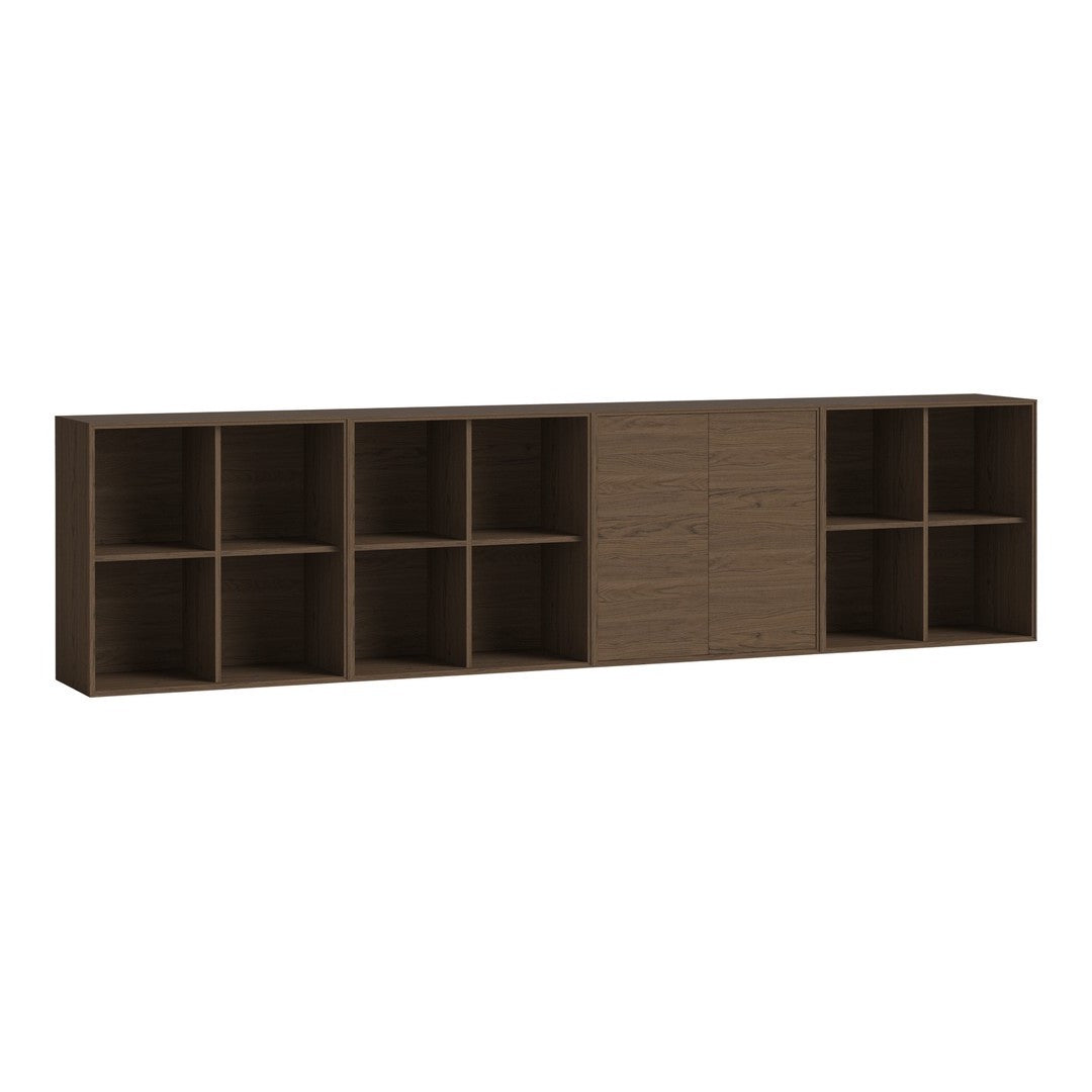 Brown wooden storage unit with a sleek design, featuring alternating open and closed compartments.