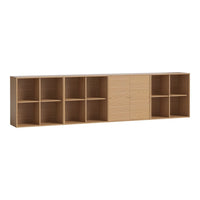 Light oak bookshelf with a minimalist design featuring eight open cubbies and two closed compartments.